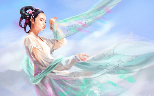 Woman dress flying scarf sky free wallpaper for desktop - medium preview image