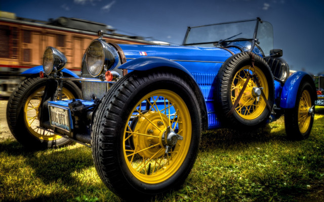 Blue yellow car field train free wallpaper for desktop - medium preview image