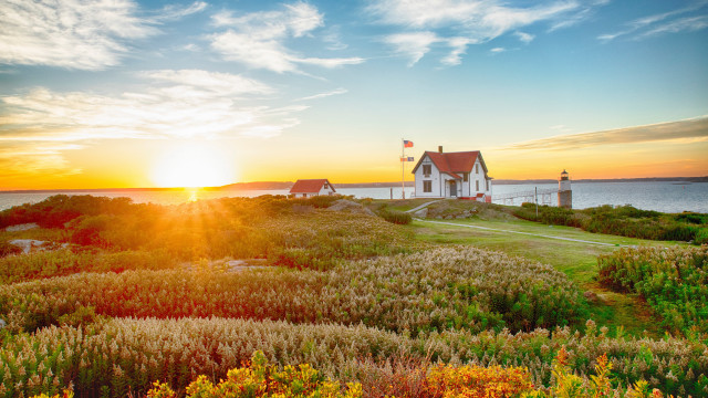 House hill sunset water landscape free wallpaper for desktop - medium preview image