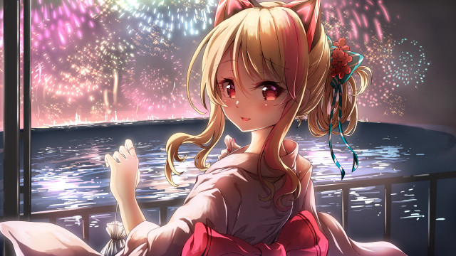 Girl fireworks kimono anime blush free wallpaper for desktop - medium preview image