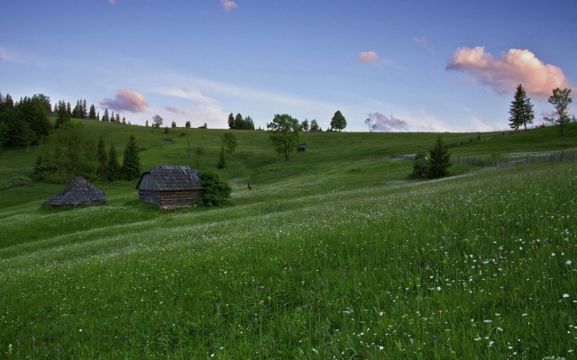 Grassy field cabin hill clouds free wallpaper for desktop - medium preview image