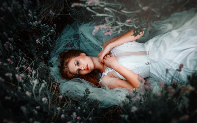 Woman white dress flower field #5 free wallpaper for desktop - medium preview image