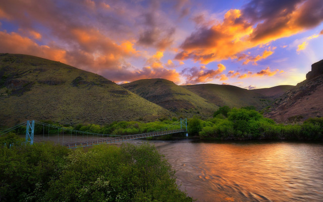 Bridge river mountain sunset sky free wallpaper for desktop - medium preview image