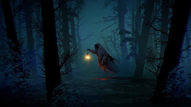 Ghostly figure lantern dark forest free wallpaper for desktop - medium preview image