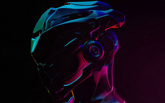 Futuristic cyberpunk helmeted pilot glowing free wallpaper for desktop - medium preview image