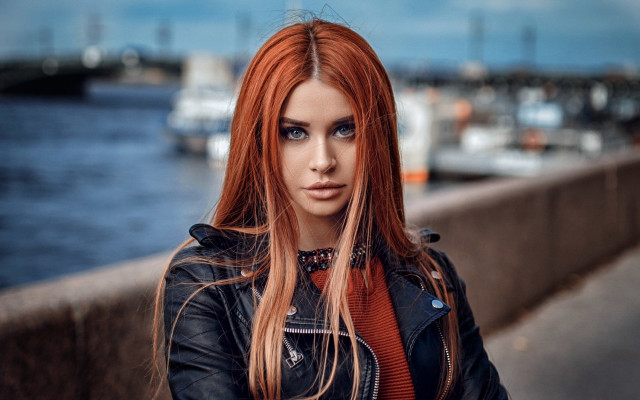Red hair leather jacket bridge free wallpaper for desktop - medium preview image