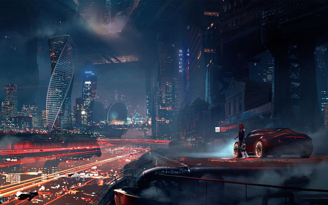 Futuristic city night car traffic free wallpaper for desktop - medium preview image