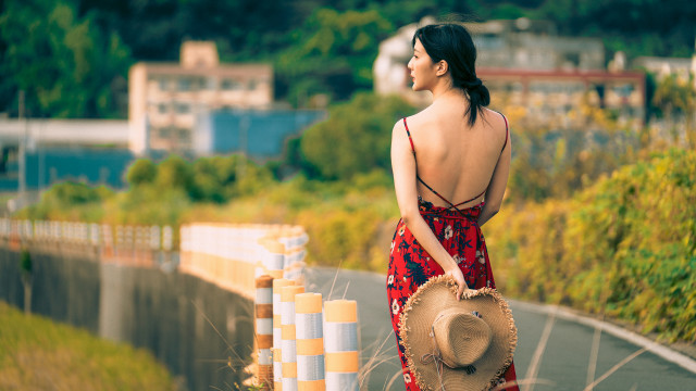 Red dress hat fence cityscape free wallpaper for desktop - medium preview image