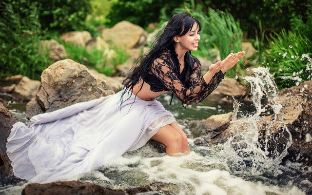 Woman white dress rocks stream free wallpaper for desktop - medium preview image
