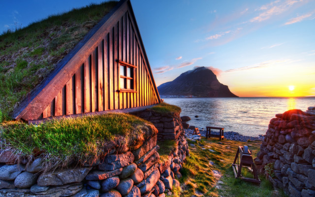 House grass roof ocean sunset free wallpaper for desktop - medium preview image