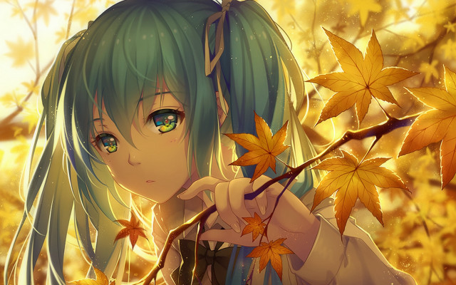 Green hair blue eyes autumn free wallpaper for desktop - medium preview image