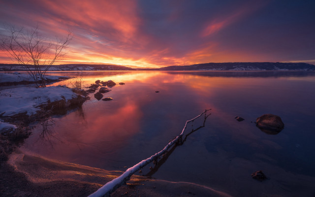 Sunset lake rocks trees mystical free wallpaper for desktop - medium preview image