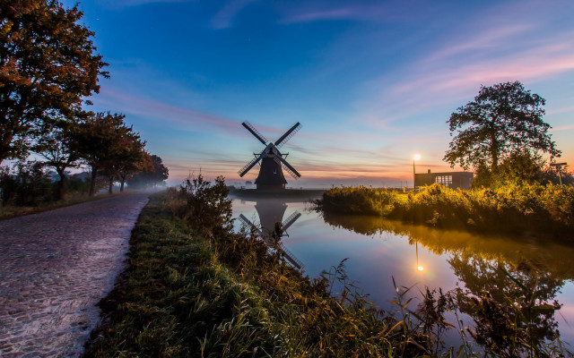 Windmill river bank sunset path free wallpaper for desktop - medium preview image