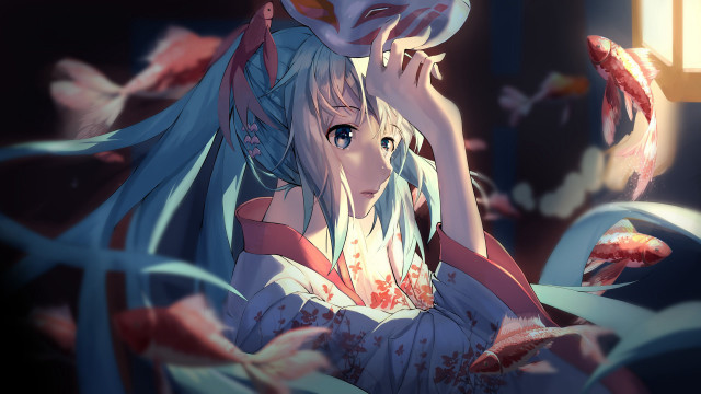 Girl longhair whitekimono fish butterfly free wallpaper for desktop - medium preview image