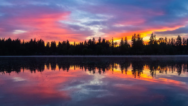 Sunset lake trees reflection clouds free wallpaper for desktop - medium preview image