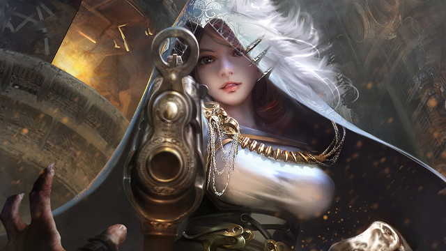 Woman gun clock fantasy portrait free wallpaper for desktop - medium preview image