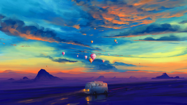 Desert van hotairballoons dusk magicrealism free wallpaper for desktop - medium preview image