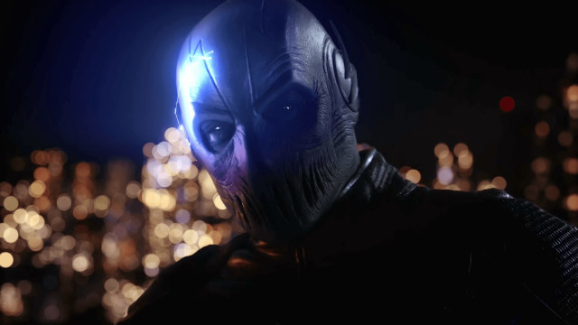 Man blue mask city night free wallpaper for desktop - medium preview image