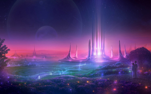 Futuristic city night rainbow stars free wallpaper for desktop - medium preview image