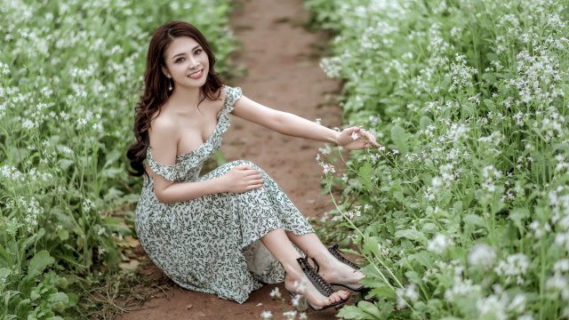 Flower field woman sitting brown free wallpaper for desktop - medium preview image