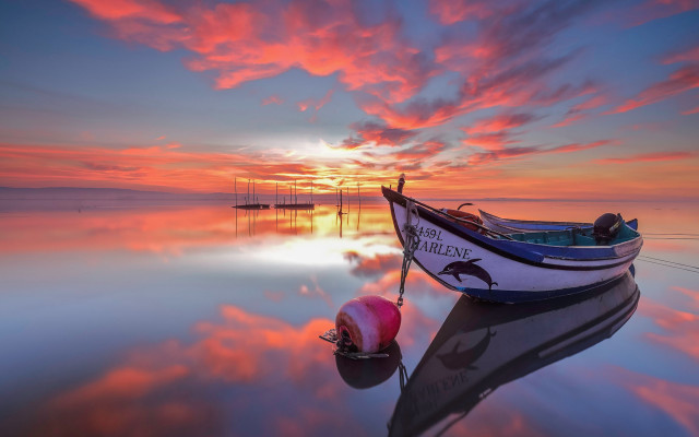 Sunset water boat pink sky free wallpaper for desktop - medium preview image