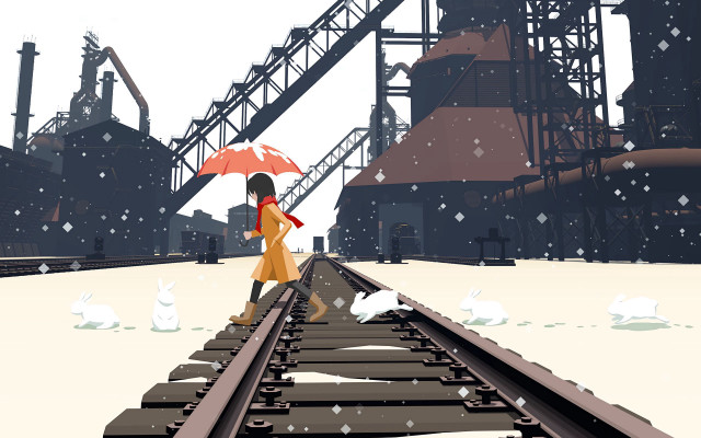 Woman umbrella snow train factory free wallpaper for desktop - medium preview image