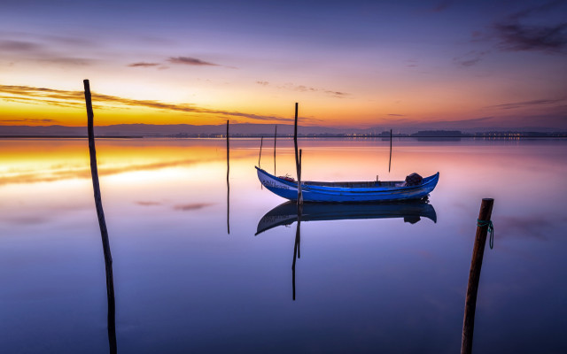 Boat sunset dawn ocean cloudy free wallpaper for desktop - medium preview image