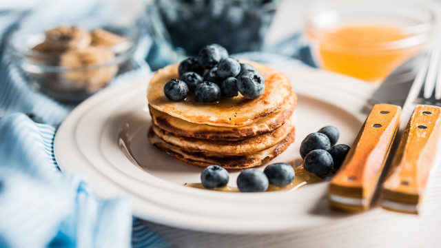 Pancakes blueberries syrup plate fork #3 free wallpaper for desktop - medium preview image