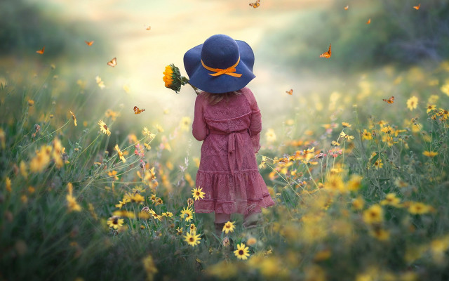 Little girl flower field butterfly free wallpaper for desktop - medium preview image