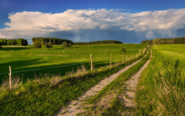 Dirt road green field fence free wallpaper for desktop - medium preview image
