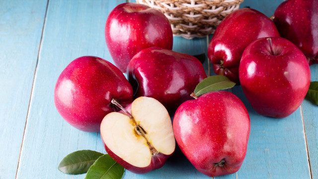 Basket apples blue table leaves free wallpaper for desktop - medium preview image