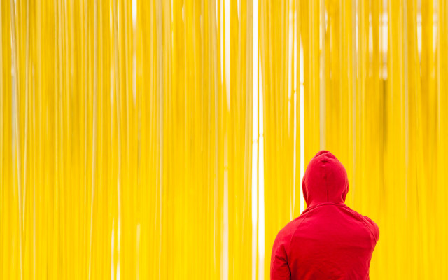 Red hoodie golden curtain abstract free wallpaper for desktop - medium preview image