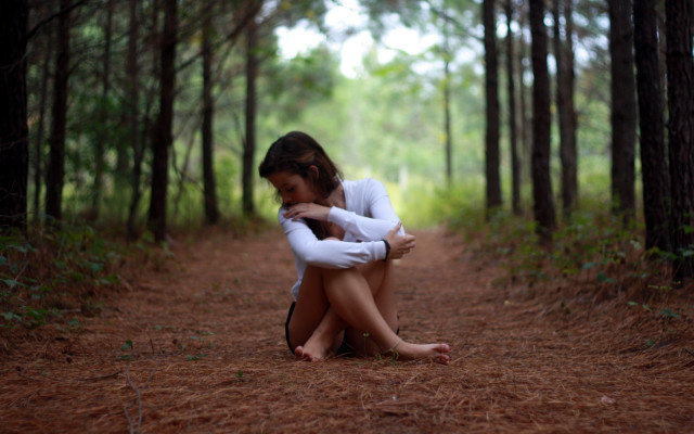 Woman forest dirt road barefoot free wallpaper for desktop - medium preview image