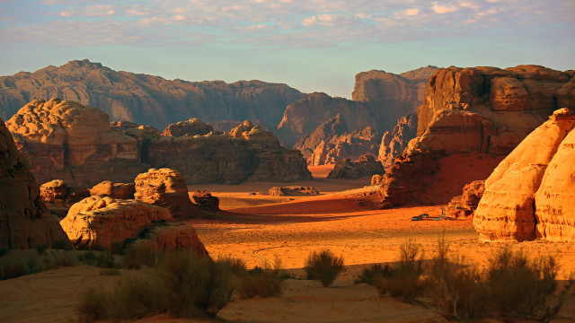 Desert mountains bushes rocks campfire free wallpaper for desktop - medium preview image