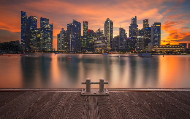 Bench pier city sunset sky free wallpaper for desktop - medium preview image
