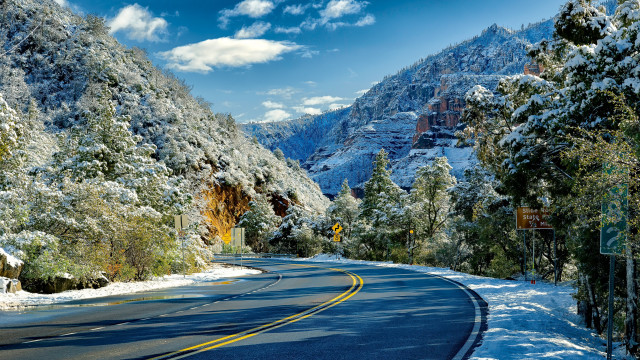 Snowy mountain road bridge forest free wallpaper for desktop - medium preview image