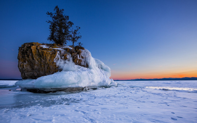 Rock ice shore tree sunset free wallpaper for desktop - medium preview image