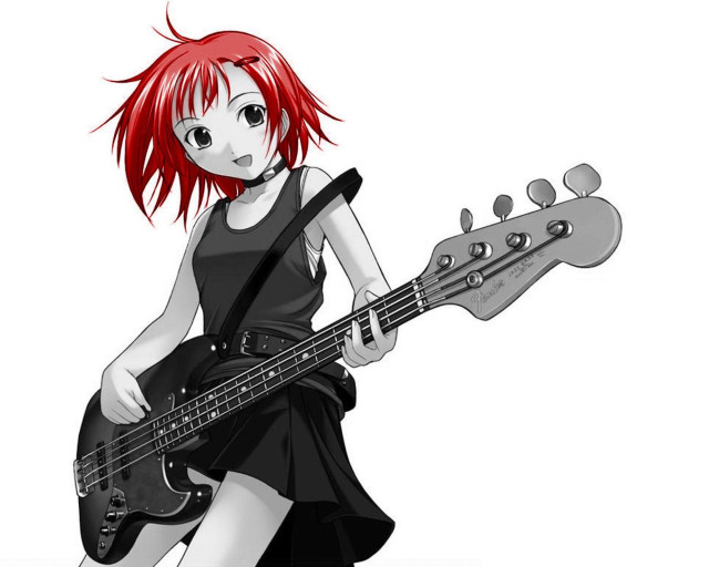 Redhair girl bassguitar blackdress whitebackground free wallpaper for desktop - medium preview image