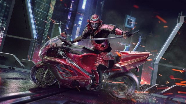 Man riding red motorcycle cyberpunk free wallpaper for desktop - medium preview image