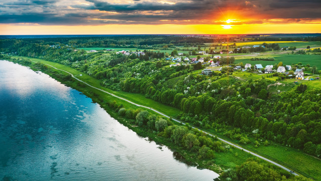 River countryside forest hillside sunset free wallpaper for desktop - medium preview image