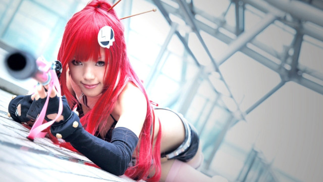 Red hair gun cosplay gloves free wallpaper for desktop - medium preview image
