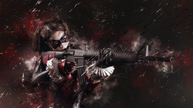 Masked woman gun cosplay red free wallpaper for desktop - medium preview image