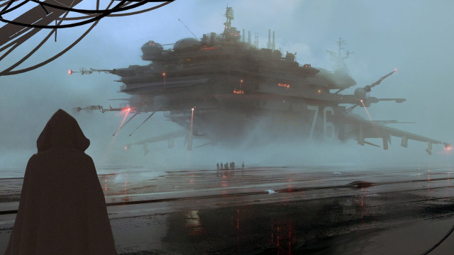 Large ship shoreline person retrofuturism free wallpaper for desktop - medium preview image