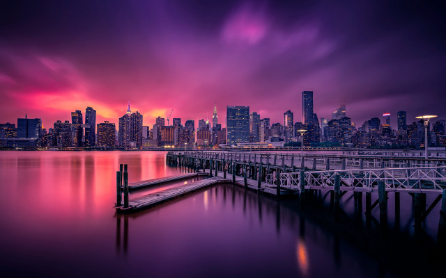 City skyline purple pink water free wallpaper for desktop - medium preview image