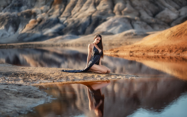 Woman rock water mountain beach free wallpaper for desktop - medium preview image