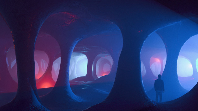 Man tunnel blue red lights free wallpaper for desktop - medium preview image