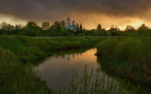 River forest church evening magic free wallpaper for desktop - medium preview image