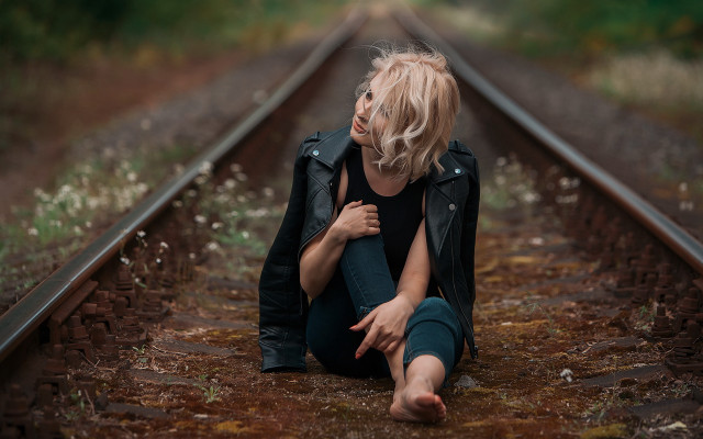 Woman sitting train track blonde free wallpaper for desktop - medium preview image