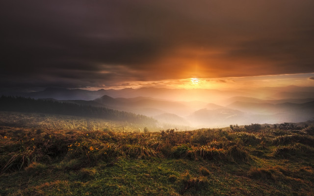Sunset field clouds mountains ocean free wallpaper for desktop - medium preview image