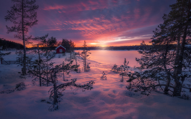 Sunset lake trees house red free wallpaper for desktop - medium preview image